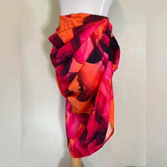 Pretty Little Thing Orange & Pink Abstract Print Ruched Midi Skirt - Picture 4 of 7